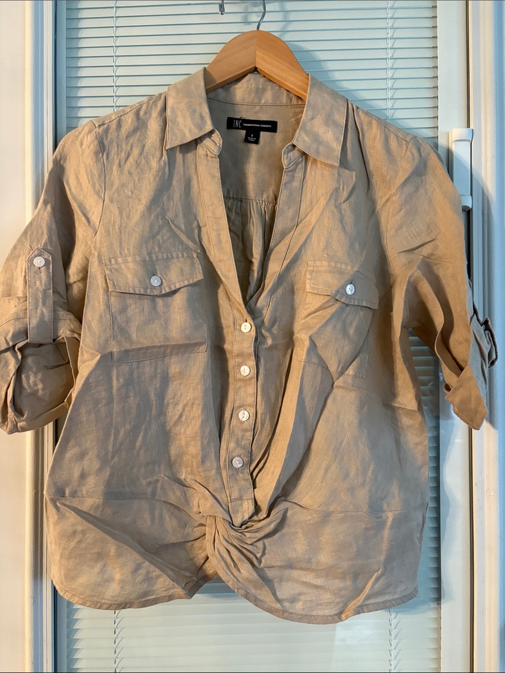 INC International Concepts Light Tan Linen Button-Front Tie Waist Shirt